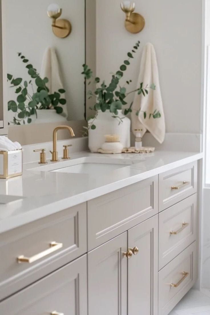 a bathroom with two sinks and gold faucets on the countertop next to mirrors