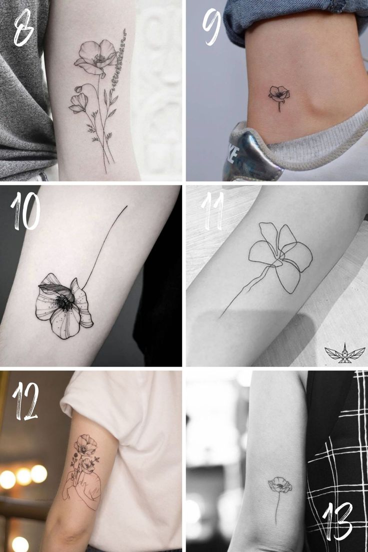 four different tattoos with flowers on each arm and the number one is in front of them