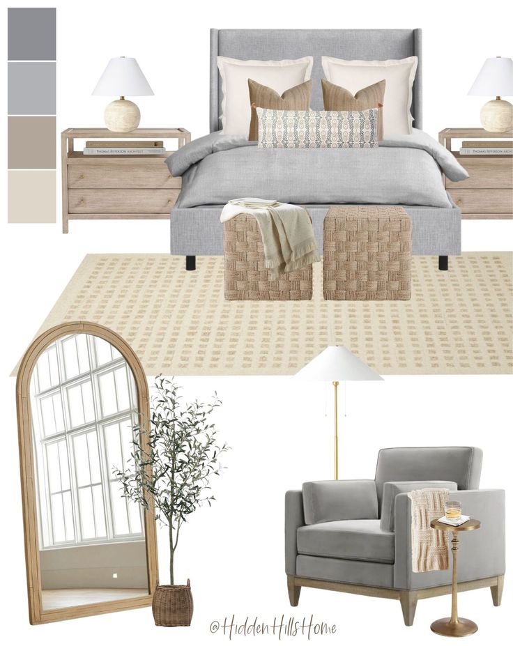 a bedroom design board with neutrals and browns in shades of gray, beige, and white