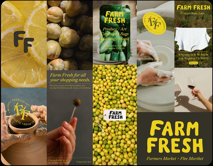 a collage of farm fresh images with lemons, potatoes and other food items