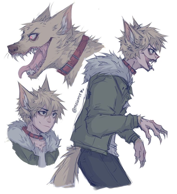 three different poses of an animal with fangs on it's head and two wolf like heads