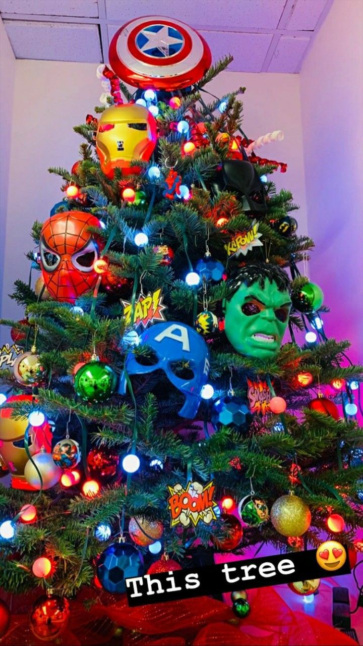 a christmas tree with captain america masks on it