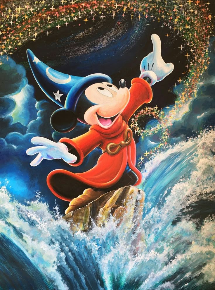 a painting of mickey mouse on top of a wave