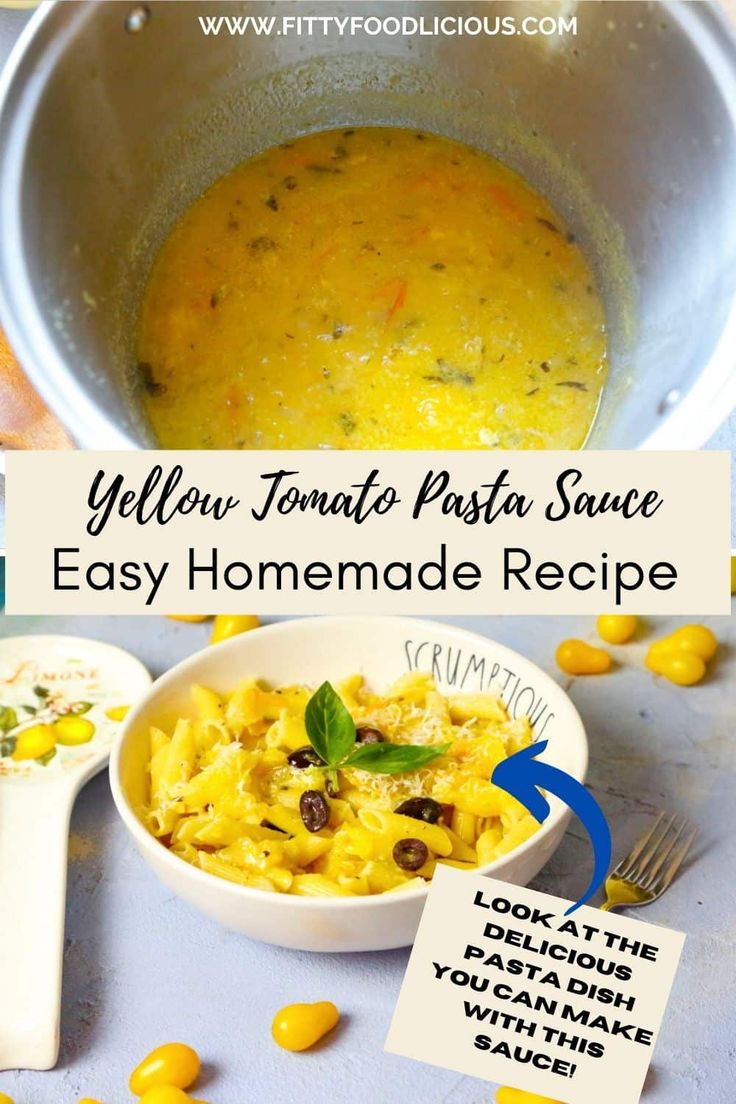 yellow tomato pesto pasta sauce in a white bowl next to a spoon and a sign that says, yellow tomato pesto sauce easy homemade recipe