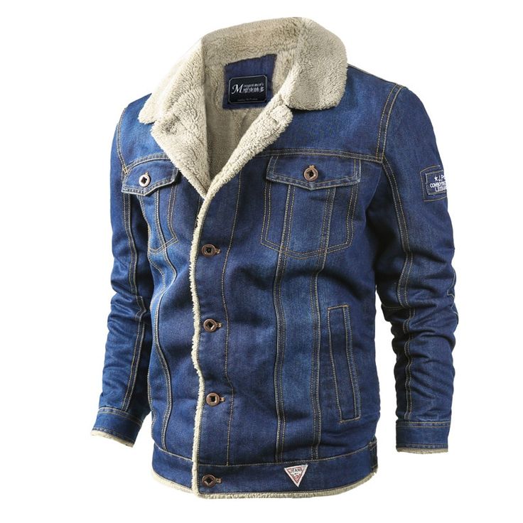 Portrait of a picture displaying Winter Thickened Denim Jacket product. Winter Jeans Jacket, Male Cowboy, Jackets Fashion Casual, Fleece Denim Jacket, Denim Jacket With Fur, Denim Jacket Winter, Denim Jacket Fashion, Jean Jacket Men, Rock Outfit