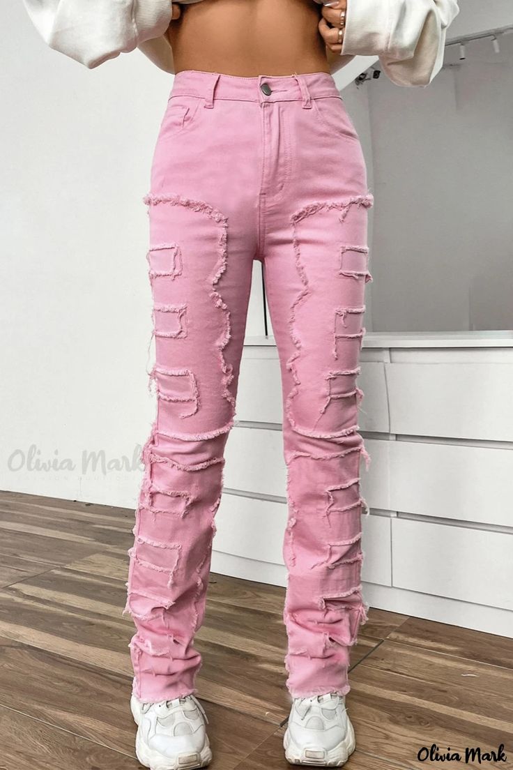 Olivia Mark - Chic High-Waisted Denim Jeans with Patchwork Detail