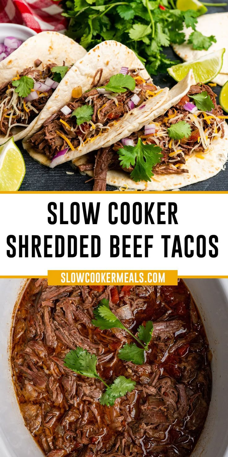 Shredded beef tacos in a slow cooker and in tortillas. Slow Cooker French Dip Sandwiches, Slow Cooker French Dip, Slow Cooker Shredded Beef, Shredded Beef Tacos, Chuck Roast Recipes, Beef Tacos, Slow Cooker Tacos, Shredded Beef, Homemade Beef