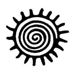 a black and white drawing of a sun with spirals on it's side