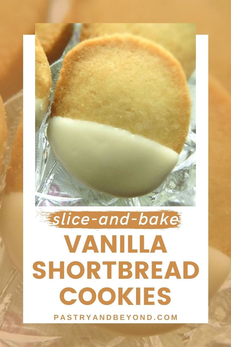 vanilla shortbread cookies with white icing on top and text overlay saying slice - and - bake vanilla shortbread cookies