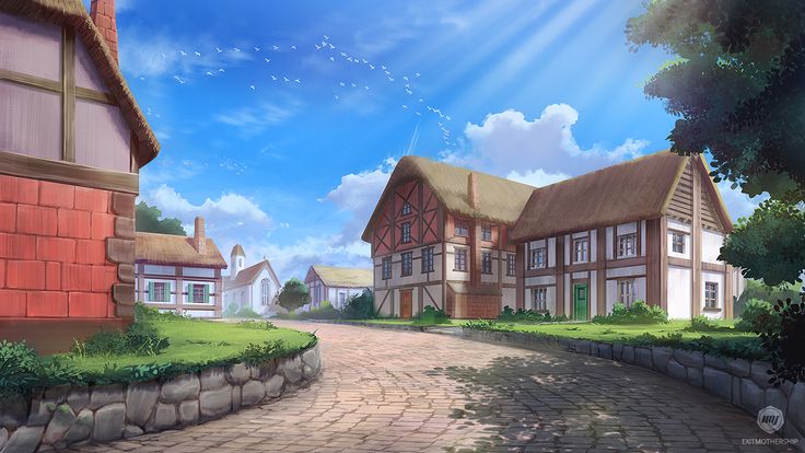 an animated image of a street with houses on the other side and birds flying in the sky