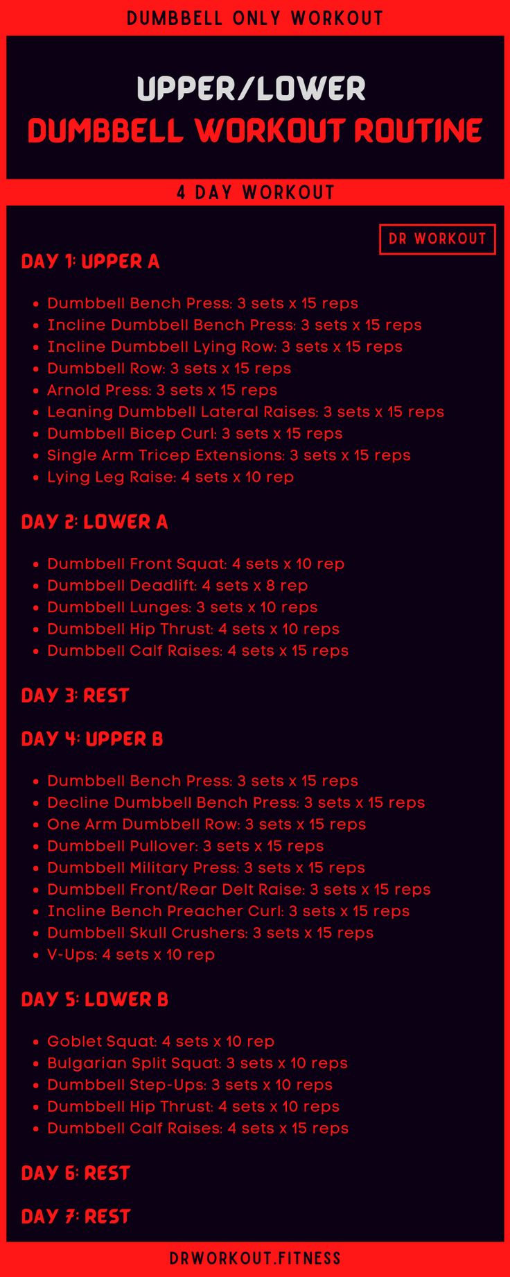 4 Day Upper Lower Dumbbell Workout Plan 3 Day Dumbbell Split, Dr Workout Fitness, Full Body Dumbbell Workout At Home, Dumbbell Workout For Men, 4 Day Workout Routine, Dr Workout, Split Workout Routine, Dumbbell Workout Routine, Dumbbell Workout Plan