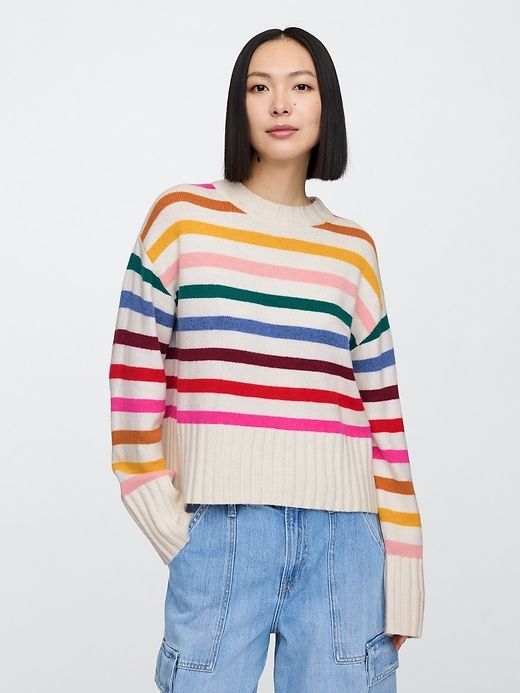 CashSoft Relaxed Crewneck Sweater Fall Tops With Striped Cuffs And Relaxed Fit, Casual Tops With Striped Cuffs For Fall, Casual Multicolor Sweater With Ribbed Cuffs, Multicolor Knit Tops With Ribbed Cuffs, Crew Neck Sweater With Ribbed Collar For Fall, Fall Crew Neck Sweatshirt With Striped Cuffs, Fall Sweater With Ribbed Crew Neck, Spring Multicolor Tops With Ribbed Cuffs, Multicolor Relaxed Fit Sweater With Ribbed Cuffs