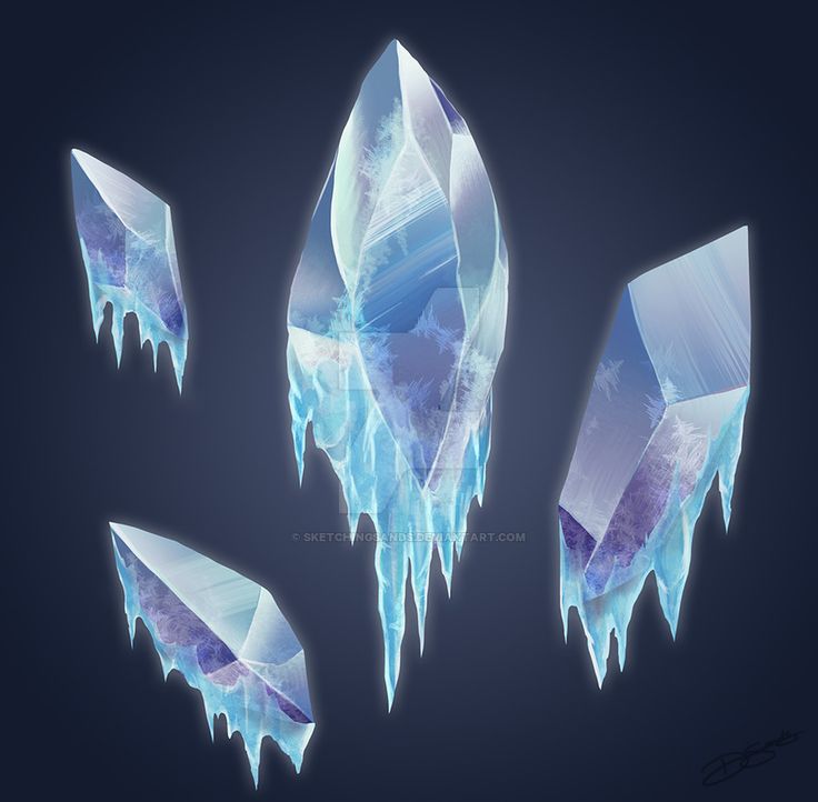 three ice crystals with icicles on them against a dark background, one is blue and the other is white