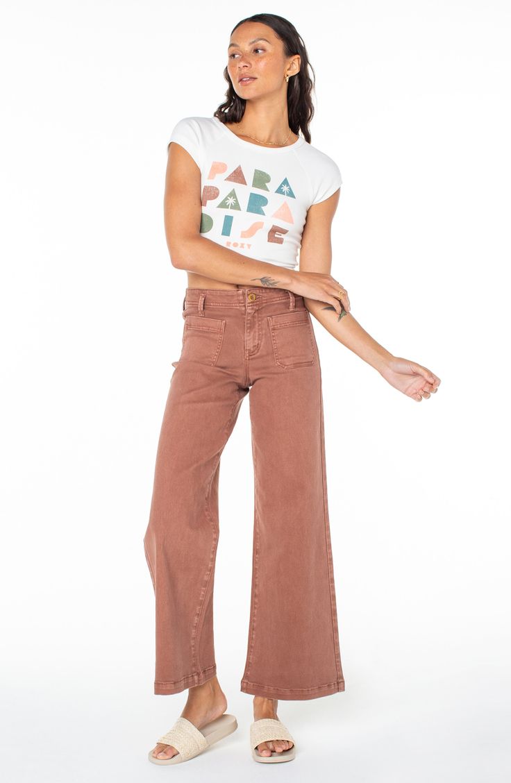 Vintage-inspired style abounds in these high-waist, wide-legs jeans made from russet-hued denim with a hint of stretch. 30 1/2" inseam; 23" leg opening; 11" front rise; 14 1/2" back rise (size 29) Zip fly with button closure Front patch pockets; back patch pockets 99% cotton, 1% elastane Machine wash, tumble dry Imported Colorful Jeans, High Waist Wide Leg Jeans, Fabric Gift Bags, Back Patch, Wide Legs, Nordstrom Store, Fabric Gifts, Free Fabric, Baby Baby