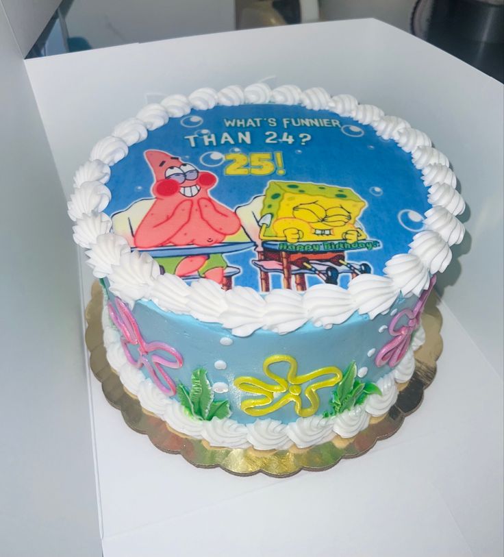 a spongebob themed birthday cake on a white countertop with the words, what is funnier than 24?