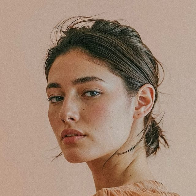 a close up of a person wearing an orange shirt and looking off to the side