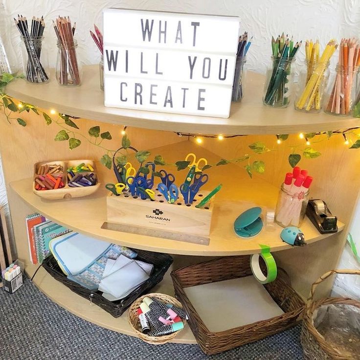 a desk with lots of crafting supplies on it and a sign that says, what will you create?