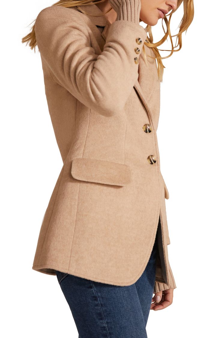 A woolly blazer starts off with a classic design and then switches things up by adding ribbed cotton-and-cashmere cuffs to create a bulk-free layered look. 30" length (size Medium) Notched lapels Lined 42% wool, 30% polyester, 20% viscose, 5% acrylic, 3% other fibers or 42% wool, 35% polyester, 23% viscose Dry clean Imported Tailored Single Breasted Cashmere Blazer, Classic Cashmere Wool Coat For Office, Classic Wool Coat With Button Cuffs For Work, Classic Wool Coat For Work With Button Cuffs, Timeless Single Button Sport Coat For Winter, Tailored Wool Coat With Button Cuffs For Office, Classic Cashmere Blazer With Lapel Collar, Single Breasted Fitted Cashmere Blazer, Classic Cashmere Outerwear For Work