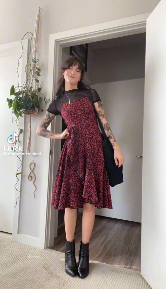 Dress With Tshirt Under Outfits, Flamboyant Natural Clothing, Goth Chic Outfits Plus Size, Alternative Semi Formal Dress, Flare High Rise Jeans Outfit, Size 8 Hourglass Outfits, Punk Cottagecore Outfits, Alternative Fashion Professional, Strappy Dress With Tshirt