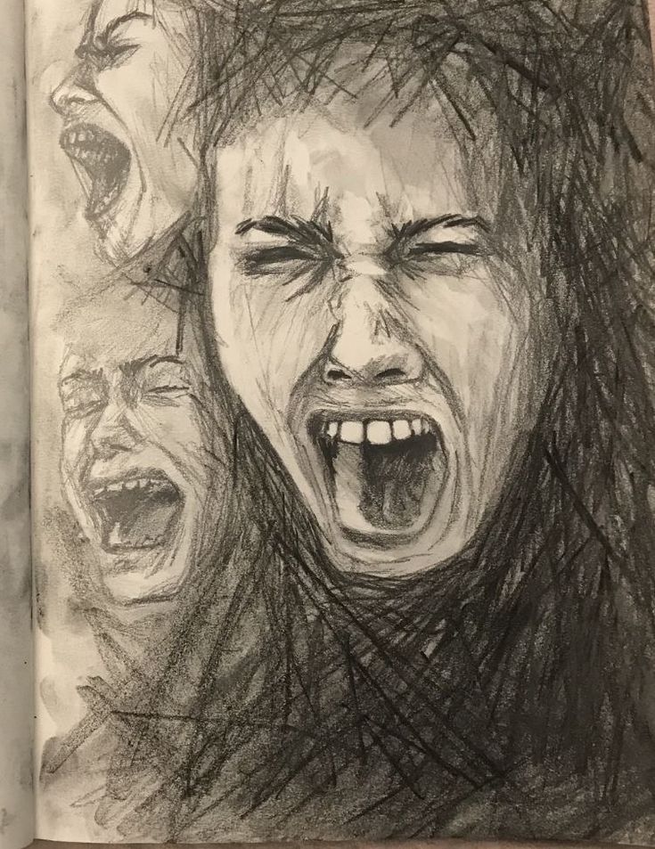 an open book with a drawing of two people screaming and another person holding their head in front of them