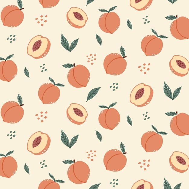 peaches with leaves and seeds on a white background seamless pattern for fabric or wallpaper