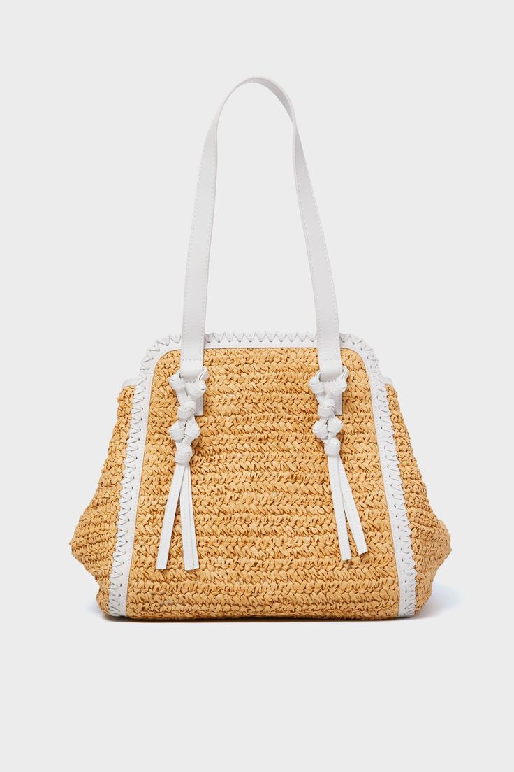 Sand White Irina Large Satchel Bohemian Shoulder Bag With Leather Handles For Beach Season, Bohemian Shoulder Bag For Spring Travel, Spring Bohemian Beach Bag With Leather Handles, Bohemian Beach Bag With Leather Handles For Spring, Bohemian Beach Bag With Leather Handles For Travel, Bohemian White Bag For Vacation, White Leather-handled Shoulder Bag For Summer, White Leather Handle Shoulder Bag For Summer, White Shoulder Bag With Leather Handles For Summer