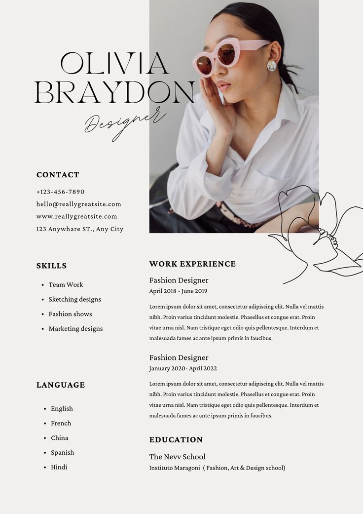 a professional resume template with an image of a woman wearing sunglasses and a white shirt