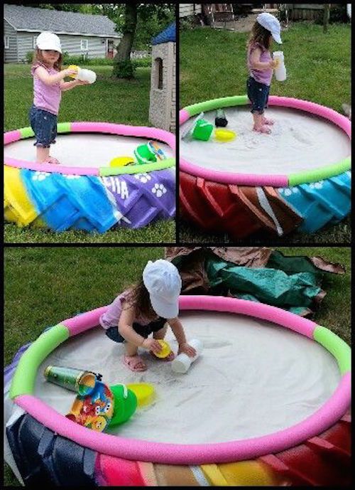 Make a sandbox with an old tractor tire and some noodles! Tire Playground, Tire Ideas, Tire Projects, Reuse Old Tires, Outside Fun, Outdoor Play Areas, Tractor Tire, Outside Play, Kids Outdoor Play