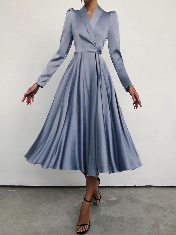 Composition: 100% polyester Color: Black, Blue Size: S,M,L,XL,XXL ( There might have 1-3cm deviation due to manual measurement.) Draped Midi Dresses, فستان سهرة, Fashion Elegant, Necklines For Dresses, Blue Midi Dress, Formal Evening Dresses, Winter Dresses, Gray Dress, Fall Dresses