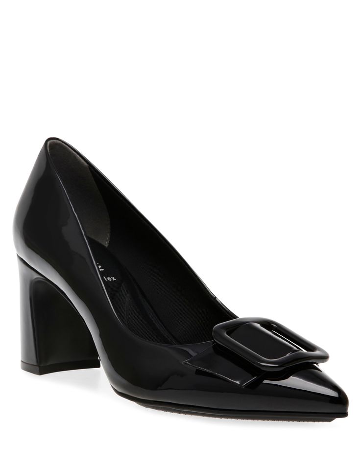 Anne Klein Black Patent Baretta Dress Pump Sleek Low Heel Heels With Buckle Closure, Patent Leather Heels With Buckle For Office, Spring Office Heels With Buckle Closure, Low Heel Office Heels With Buckle Closure, Spring Buckle Closure Heels For Work, Spring Workwear Heels With Buckle Closure, Office Heels With Buckle Closure And Low Heel, Fall Workwear Heels With Buckle Closure, High Heels With Buckle Closure For Office