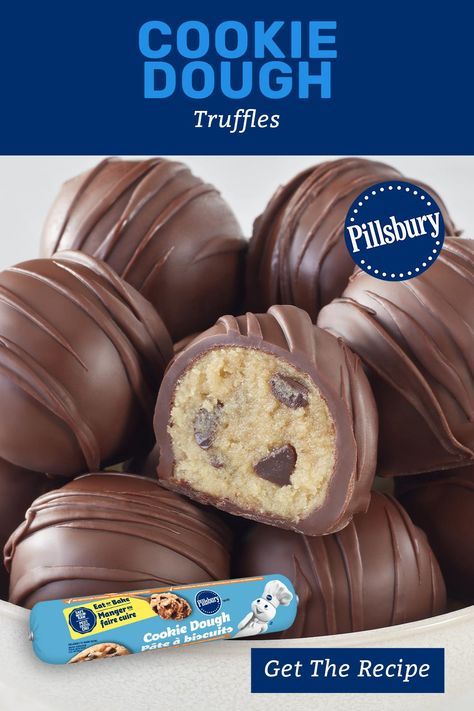 cookies and truffles are stacked on top of each other with the title cookie dough truffles get the recipe