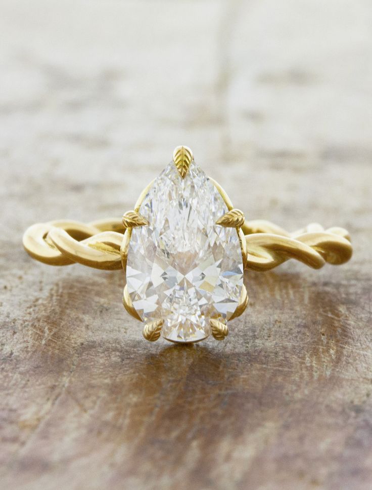 caption:Shown with 2ct pear diamond Pear Shaped Yellow Gold Rings With Accent Stones, Pear-shaped Diamond Ring With Accents, Nature Inspired Pear Engagement Ring, Pear-shaped Gold Rings With Accent Stones, Yellow Gold Pear-shaped Ring With Diamond Accents, Engagement Rings Pear, Stone Shapes, Rope Pattern, Two Souls