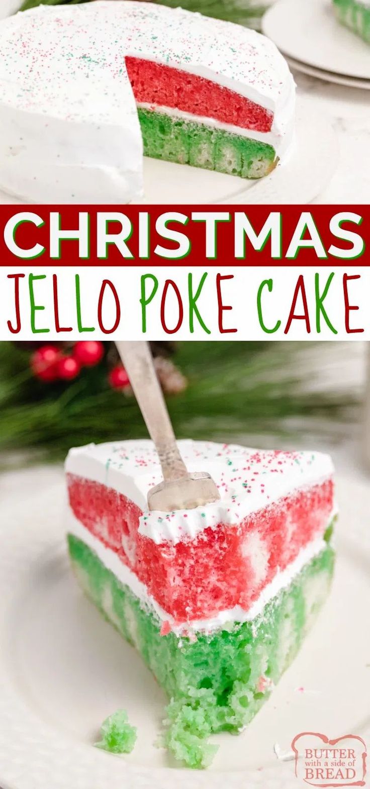 christmas jello poke cake on a white plate