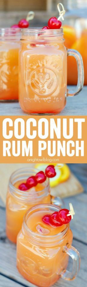 two mason jars filled with coconut rum punch