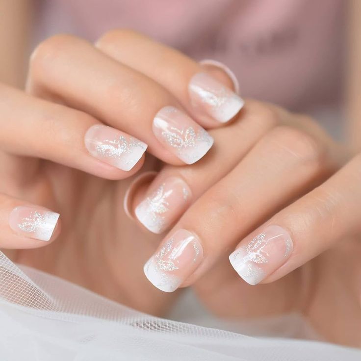 Amazon.com: Coolnail Holo Bling Butterfly Glitter Pink Nude White French Fake Nails Squoval Square False Press on Wear False Finger Nail Art Tips : Beauty & Personal Care Round Fake Nails, Natural Fake Nails, Holographic Glitter Nails, Nail White, Pink French Nails, Snowman Nails, Finger Nail Art, Nagel Tips, Pink French