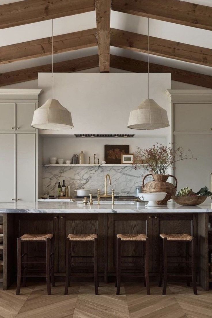 an open kitchen with white cabinets and wood flooring is featured in this postcard