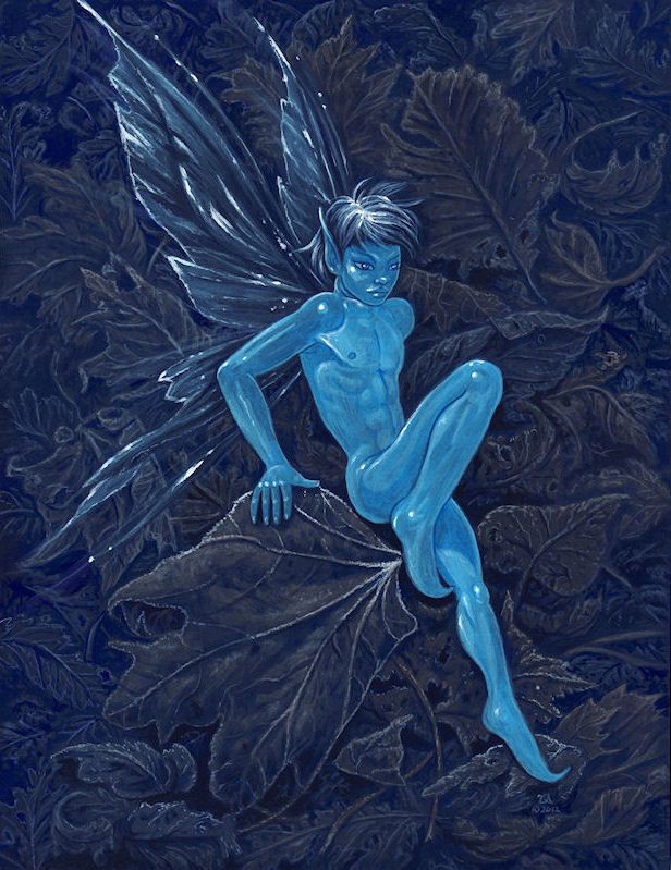 a blue fairy sitting on top of leaves