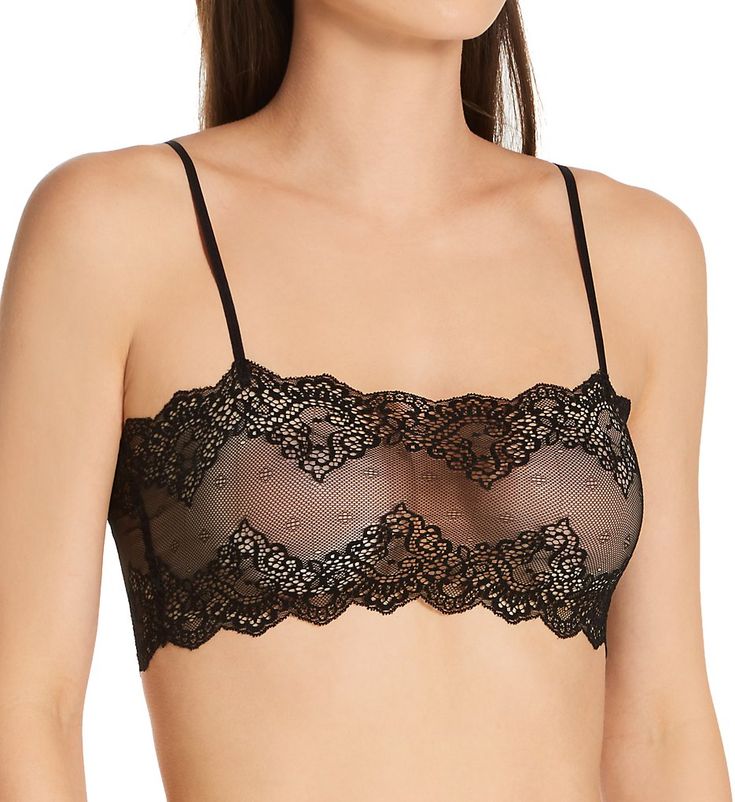 This cropped cami bralette will give you the sexy look you want for a fun night out. Or, you can wear this style underneath your top for comfortable support. Made of nylon/spandex. Unlined (unpadded) cami bralette is wireless for light support. See-through lace has scalloped edges for a sophisticated touch. Elastic spaghetti straps fully adjust in back with coated metal hardware and have restricted stretch. Pullover styling. Made in the USA. Please note: Model is wearing nipple covers (not inclu Bra-friendly Bandeau Camisole, Bra Friendly Bandeau Camisole, Chic Cropped Bra With Removable Pads, Cropped Camisole With Built-in Bra For Night Out, Seamless Lace Bandeau Bra, Underwire Bra Friendly Camisole For Night Out, Underwire Crop Top With Adjustable Straps For Night Out, Black Bra With Removable Pads And Spaghetti Straps, Underwire Crop Top With Built-in Bra For Night Out