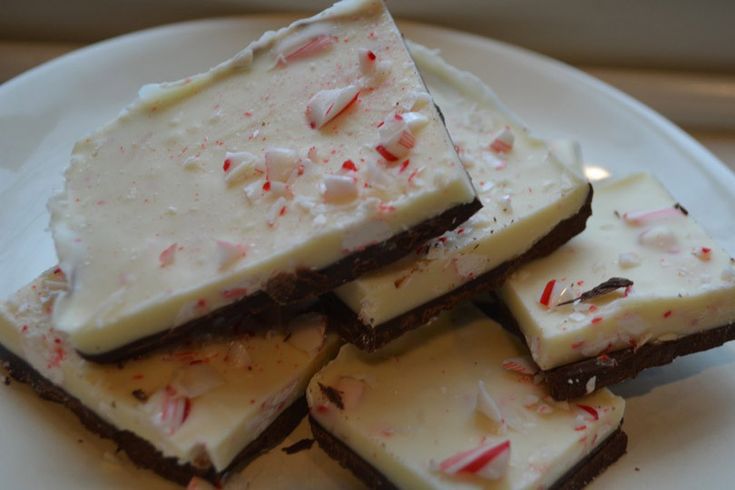 white chocolate and peppermint brownies on a plate, ready to be eaten