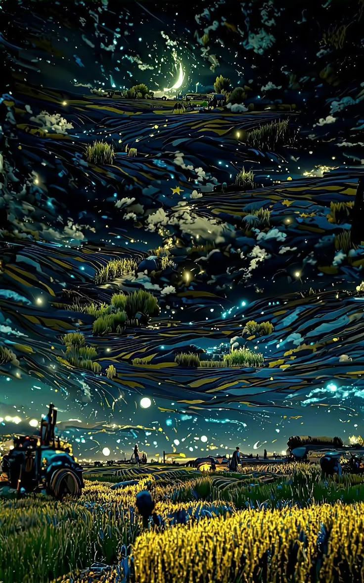 an image of a night sky with stars and clouds above a field full of crops