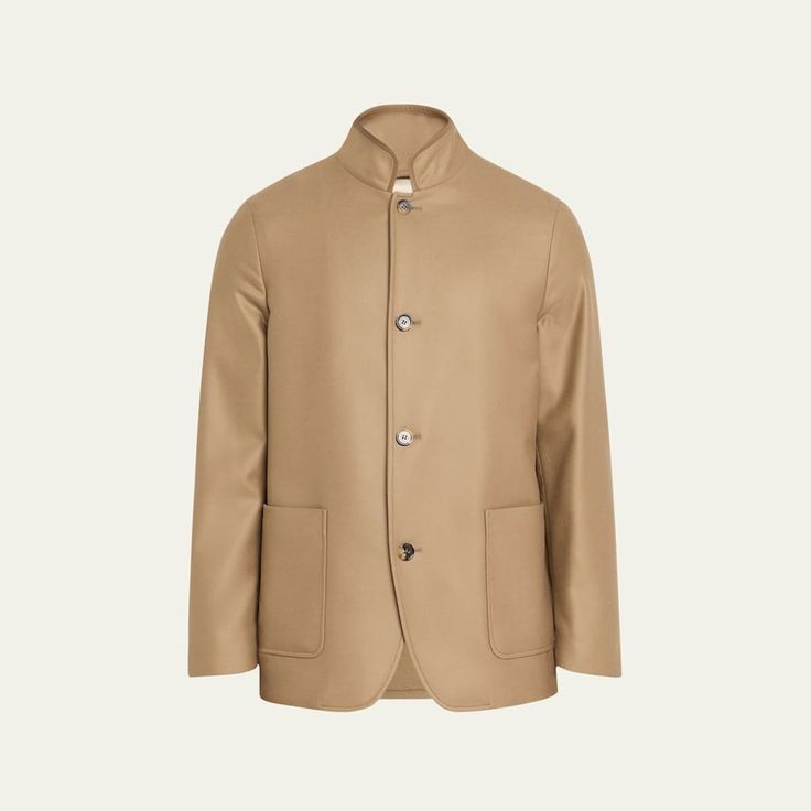 Loro Piana "Spagna" jacket in solid wool gabardine Stand collar Button front closure Patch pockets Long sleeves Virgin wool Dry clean Trim: Leather Made in Italy Semi-formal Beige Wool Outerwear, Beige Semi-formal Outerwear With Button Closure, Beige Gabardine Notch Lapel Outerwear, Beige Gabardine Outerwear With Notch Lapel, Beige Notch Lapel Gabardine Outerwear, Brown Stand Collar Blazer With Buttons, Brown Stand Collar Blazer With Button Closure, Solid Stand Collar Business Blazer, Solid Stand Collar Blazer For Business