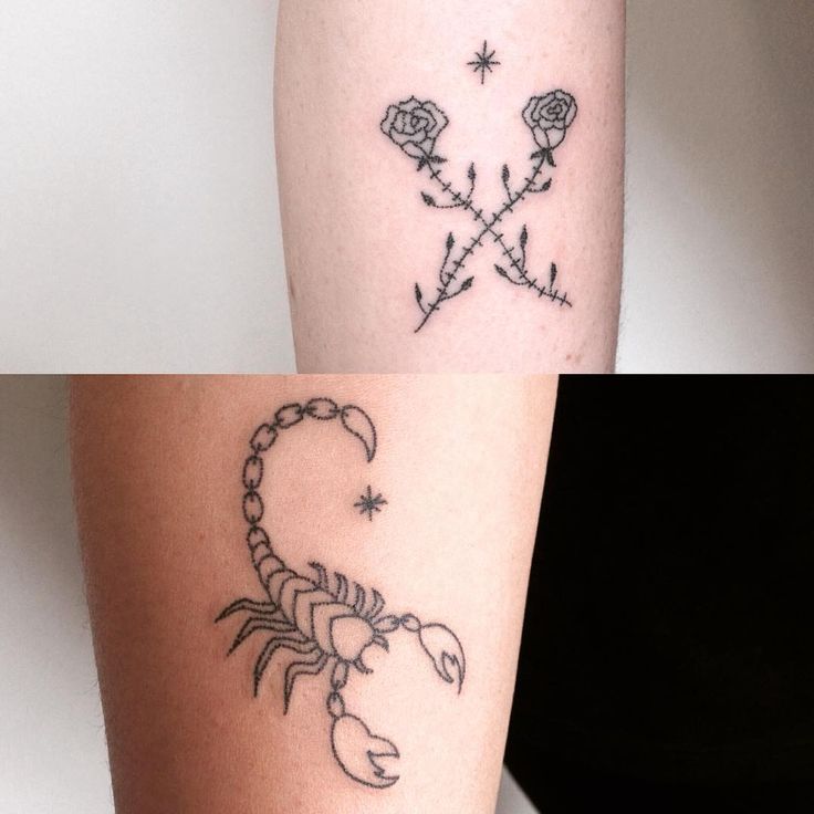 two tattoos that are on the legs of someone's leg and one has a scorpion tattoo