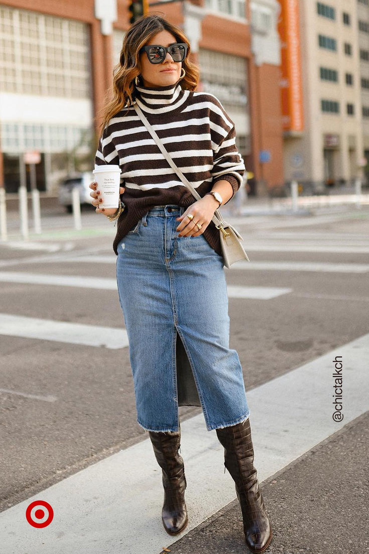 Make a statement this fall with a cozy-chic outfit. Slip on a comfy sweater & a denim skirt with a pair of boots to elevate any look. Jean Skirt Outfits, Denim Skirt Outfits, Skirts With Boots, Fall Denim, Skirt Outfit, Fall Fashion Outfits, Casual Fall Outfits, Jean Skirt, Winter Fashion Outfits