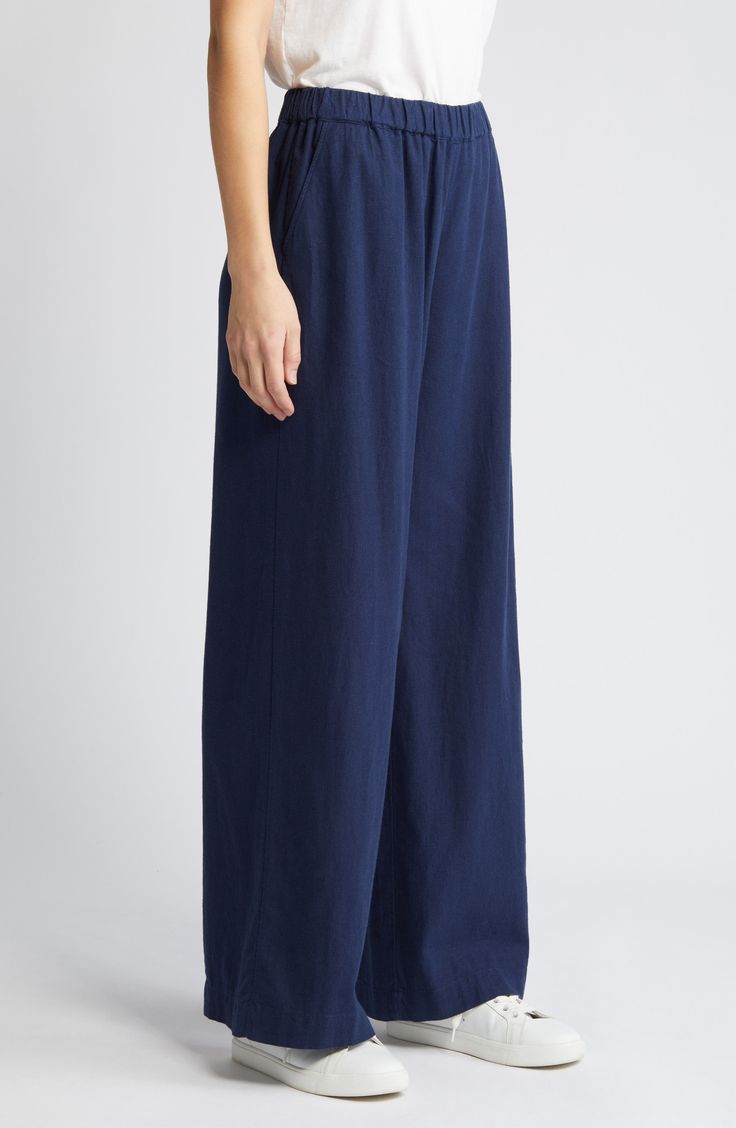 Cut from a breezy linen blend with a high waist and wide legs, these pull-on pants are a cool remake of a closet classic. 30" regular inseam; 25" leg opening; 11 12" front rise; 16" back rise (size Medium) 28" petite inseam; 24" leg opening; 11" front rise; 15" back rise (size Medium P) Elastic waist Front slant pockets; faux back welt pocket 55% linen, 45% rayon Machine wash, tumble dry Imported Women's Clothing Mid-rise Blue Cotton Wide Leg Pants, Relaxed Fit Wide Leg Pull-on Bottoms, Relaxed Fit Rayon Wide-leg Pants, Blue Wide-leg Pull-on Pants, Wide-leg Pull-on Rayon Pants, Linen Blend Pants, Navy Blazer, Pull On Pants, Linen Blend