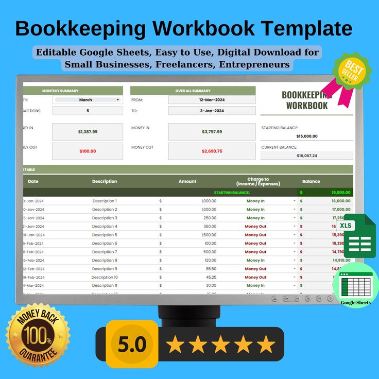 the bookkeeping workbook template is displayed on a computer screen with five stars around it