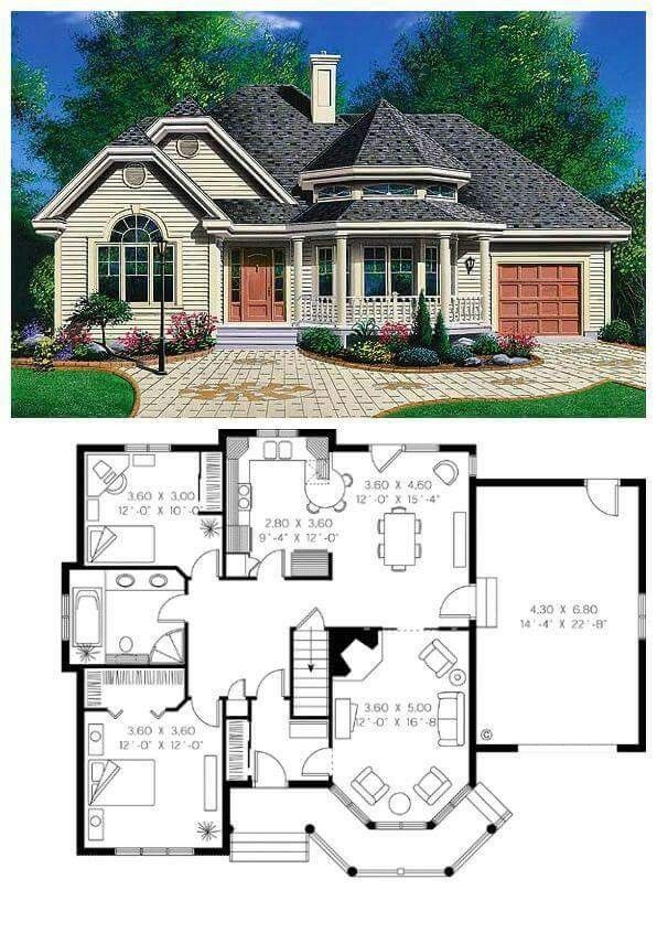 two story house plans with garage and living room on the first floor, an upstairs bedroom is