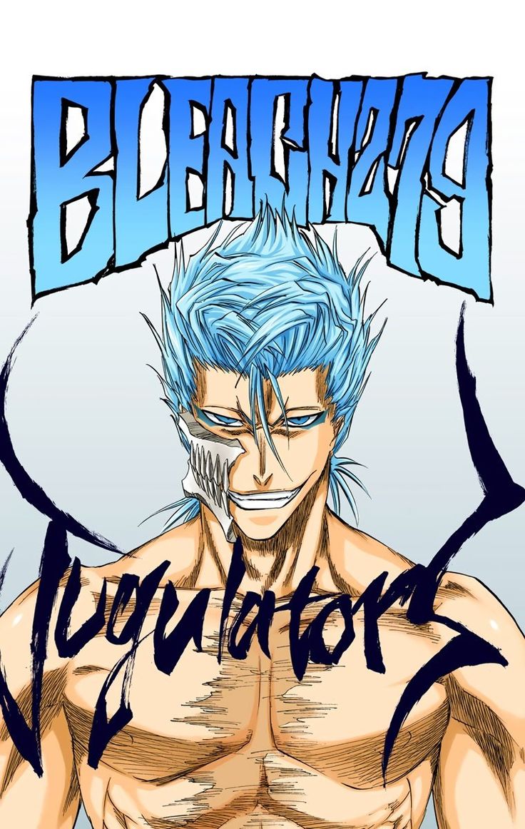 an anime character with blue hair and no shirt on, in front of the words bleacher'd revolution