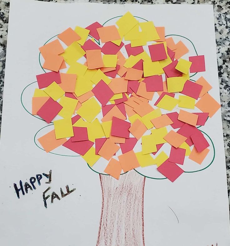 a tree made out of post it notes with the words happy fall written on it