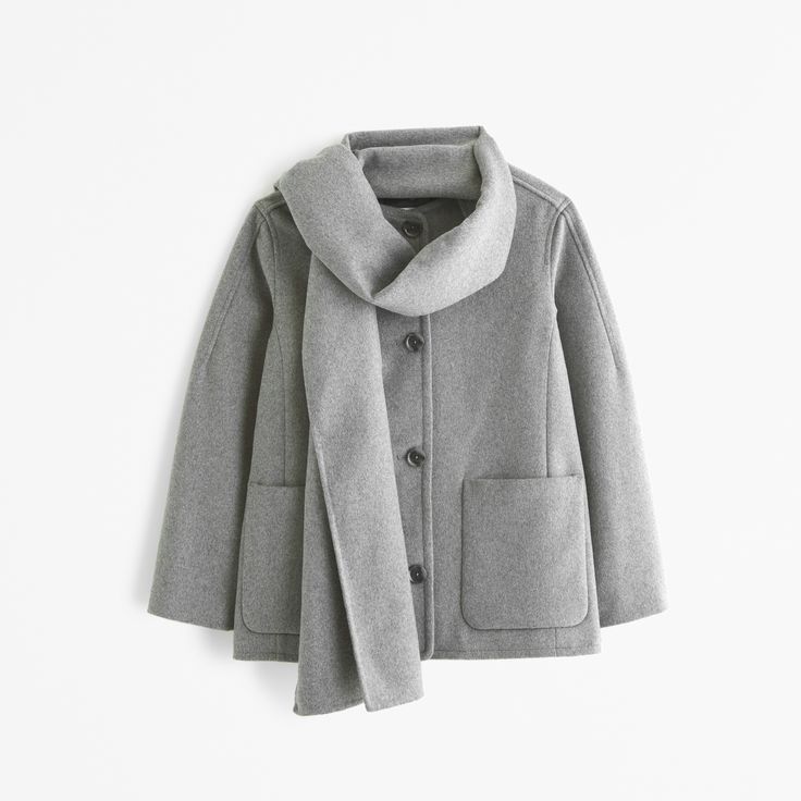 On-trend coat in our soft wool-blend fabric and mid-length silhouette, featuring front pockets, button-up front and a removable wool-blend scarf. Gray Button-up Outerwear With Buttoned Pockets, Winter Gray Outerwear With Buttoned Pockets, Gray Winter Outerwear With Buttoned Pockets, Gray Outerwear With Snap Buttons For Fall, Winter Solid Outerwear With Flap Pockets, Casual Solid Wool Coat For Work, Gray Outerwear With Flap Pockets For Fall, Winter Sweater Coat With Pockets For Work, Gray Winter Outerwear With Hidden Button Closure