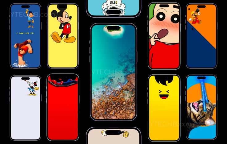 various cell phones with mickey mouse and goofy characters on them, all in different colors